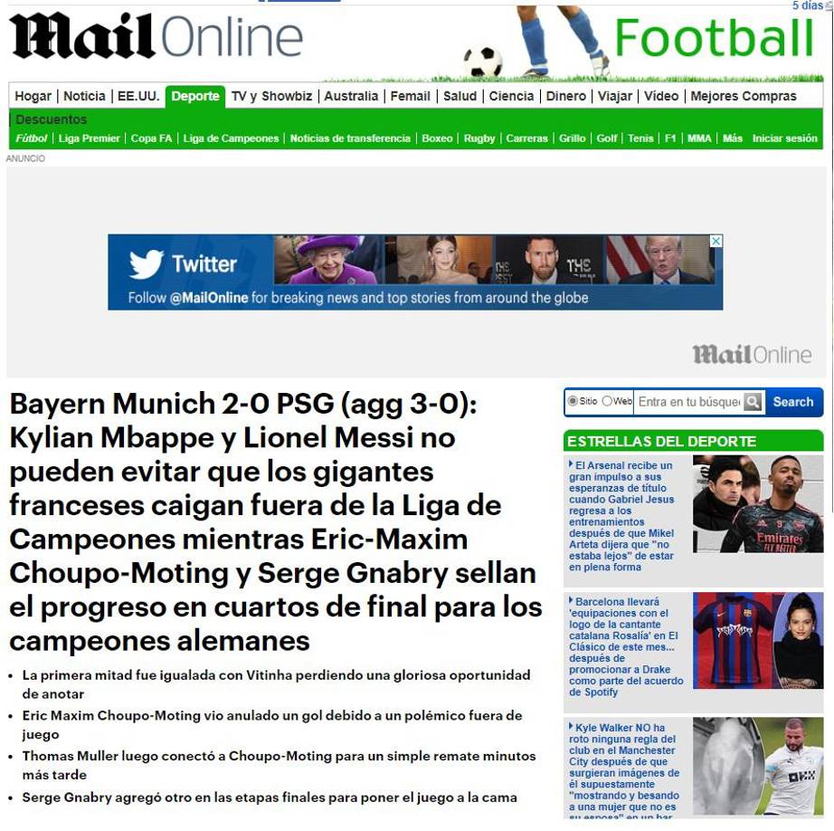 The Daily Mail de Inglaterra: “Kylian Mbappé y Lionel Messi no puede evitar que los gigantes franceses queden fuera de la Champions League”.