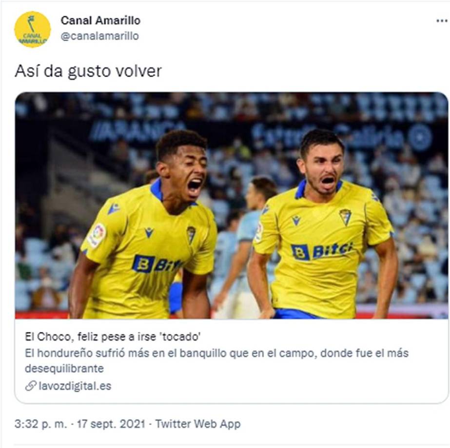 La cuenta de Twitter Canal Amarillo destacó el gol del ‘Choco’ Lozano después de reaparecer con el Cádiz tras la fecha FIFA con Honduras.