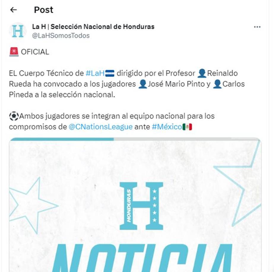 En sus redes sociales, la Fenafuth anunció este lunes la convocatoria de José Mario Pinto y Carlos Pineda para los duelos que sostendrá Honduras ante México por la Nations League de Concacaf. 