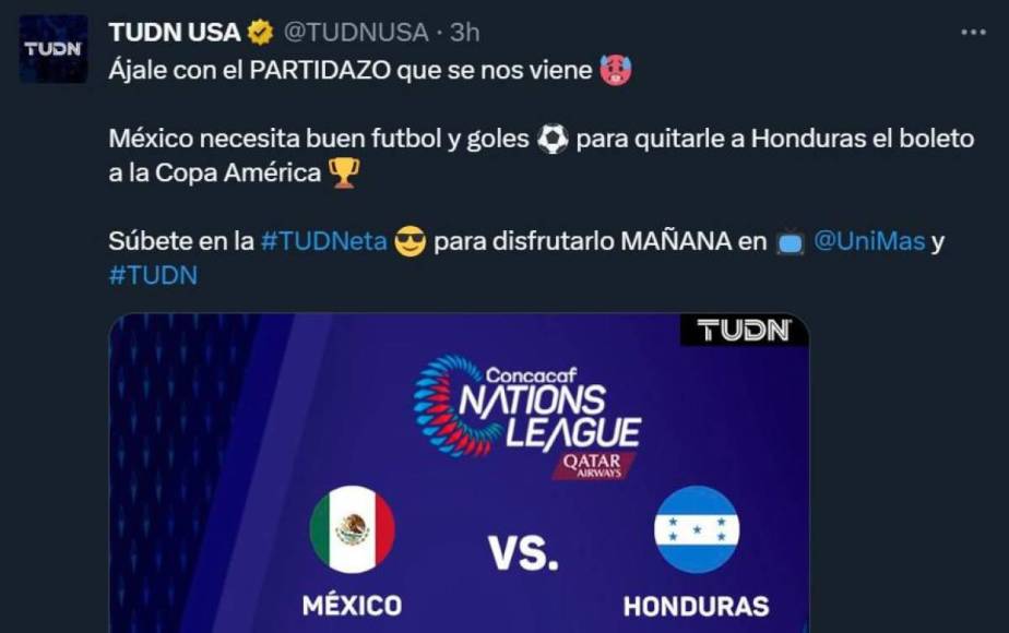 TUDN USA: “México necesita buen fútbol y goles para quitarle a Honduras el boleto a la Copa América”.