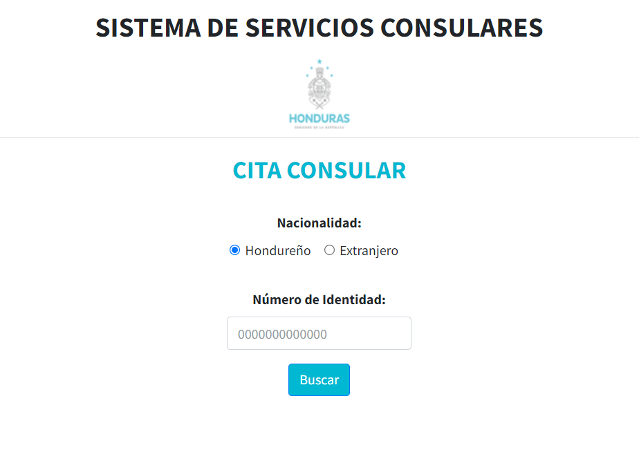 Pantalla inicial del sistema de citas consulares de la Cancillería de Honduras para trámites locales y en el extranjero.