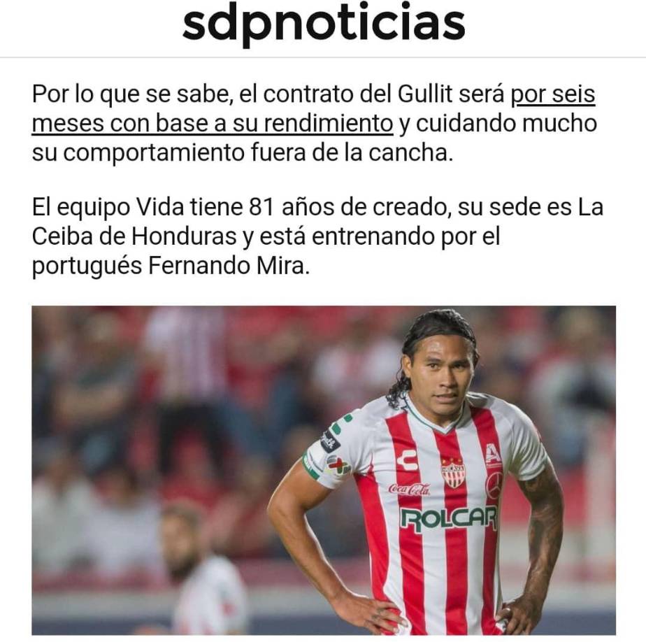 SDP Noticias de México reveló que “Gullit” Peña tendrá un contrato con el Vida con base a su rendimiento y cuidando su comportamiento fuera de la cancha”.