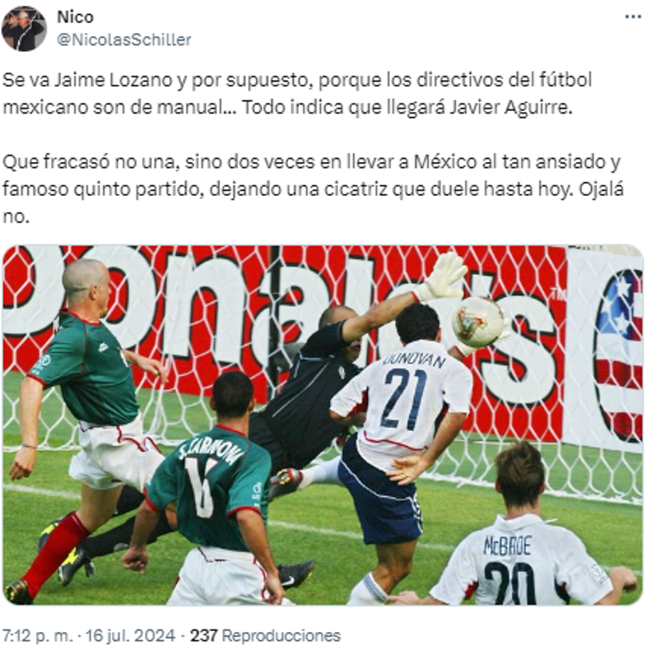 “Todo indica que llegará Javier Aguirre. Que fracasó no una, sino dos veces en llevar a México al tan ansiado y famoso quinto partido, dejando una cicatriz que duele hasta hoy. Ojalá no” 
