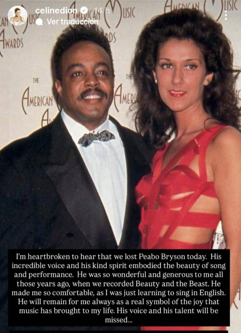 Celine Dios recordó con un emotivo mensaje publicado en las historias de su cuenta de Instagram a Peabo Bryson.