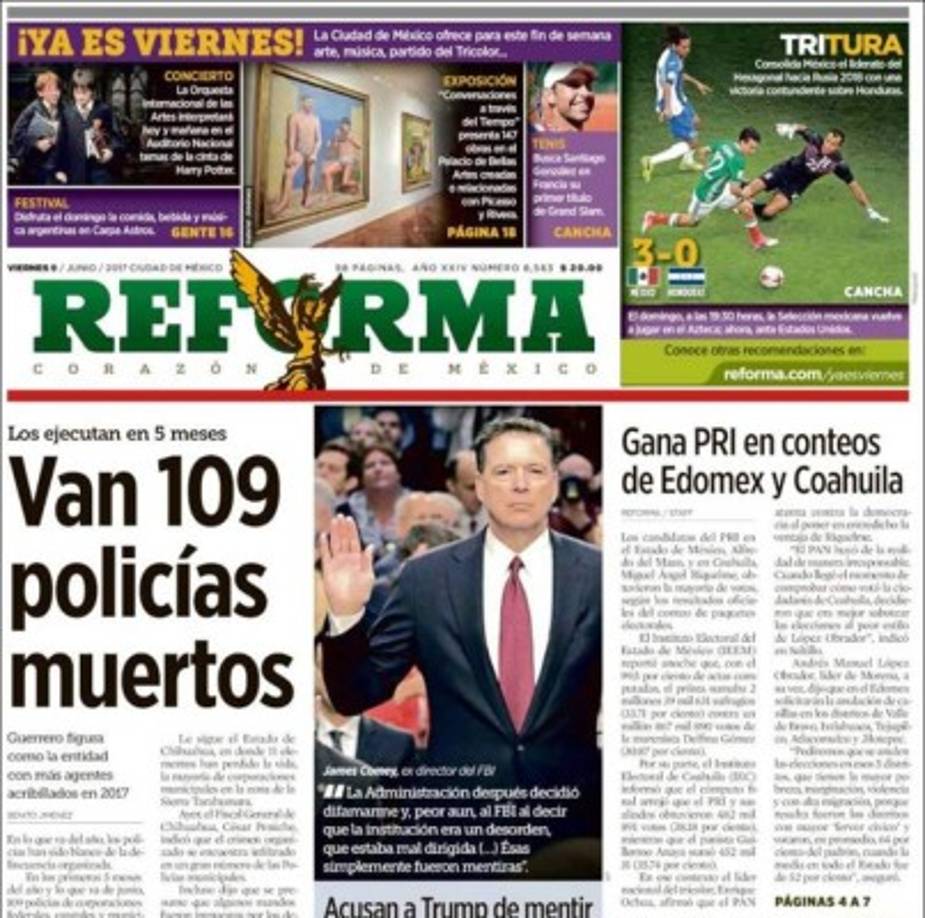 'Tritura', titula el diario Reforma. 'Consolida México el liderato del hexagonal hacia Rusia 2018 con una victoria contundente sobre Honduras'.
