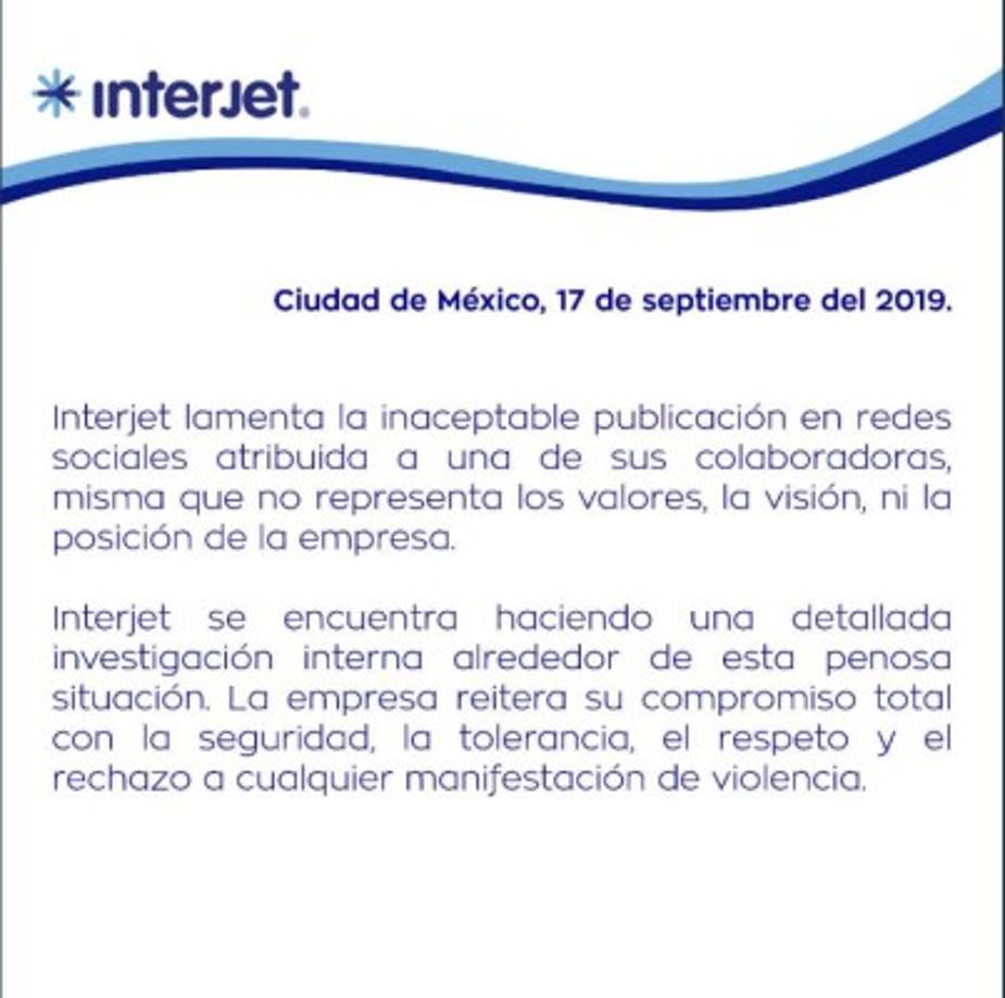 Solo bastaron unas cuantas horas para que esta publicación se volviera viral y llegará hasta los jefes de Interjet, quienes inmediatamente emitieron un comunicado donde dicen que se encuentran haciendo una investigación.