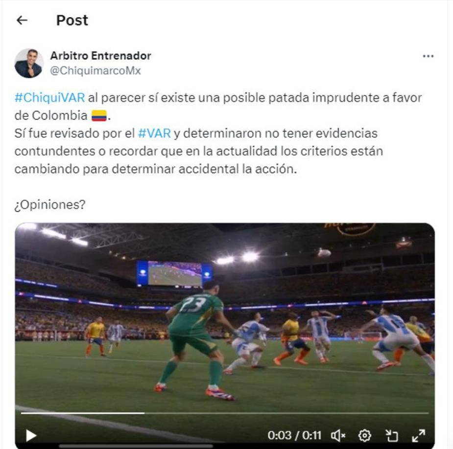 Marco Antonio Rodríguez, exárbitro de México, indicó que hubo un posible penal a favor de Colombia en la recta final del juego. 