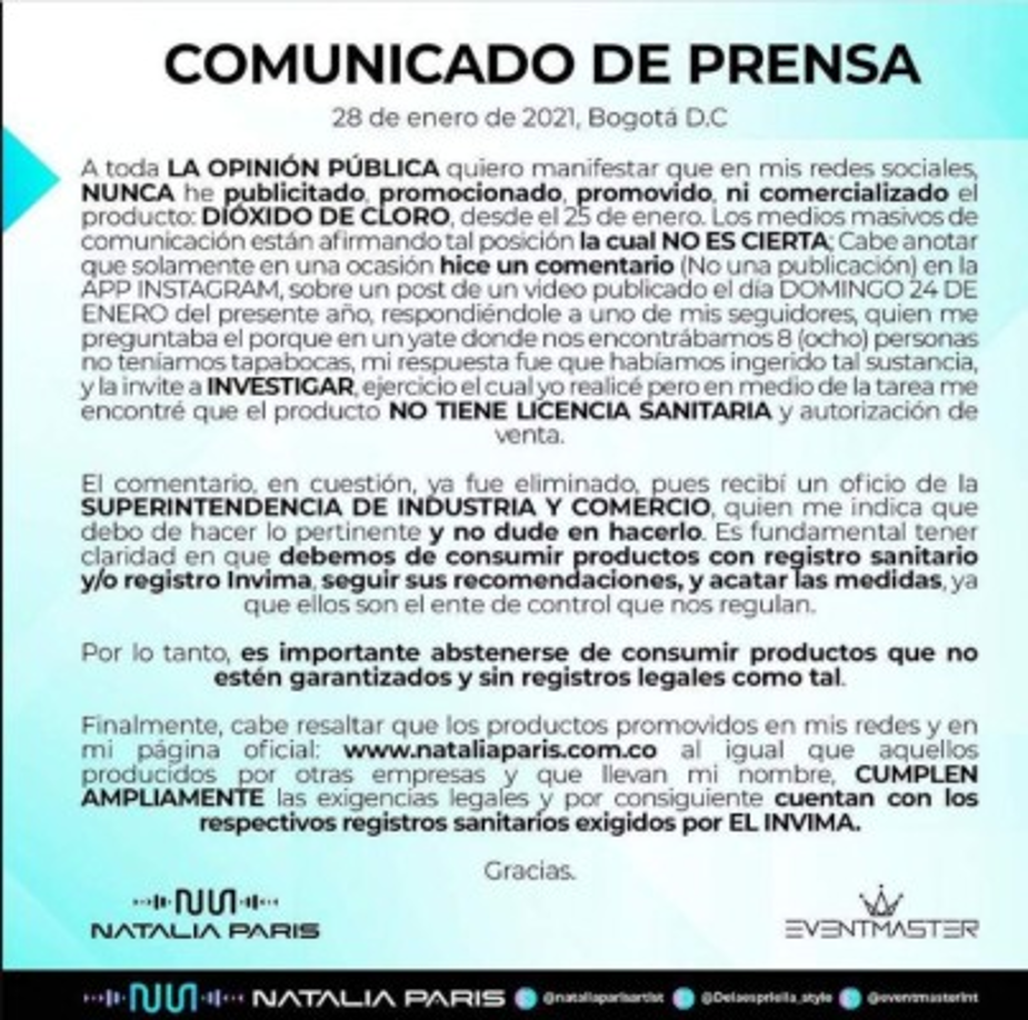 La beldad también compartió un comunicado en sus redes sociales en el que ella asegura que “NUNCA ha publicitado, promocionado, promovido ni comercializado el producto dióxido de cloro”.