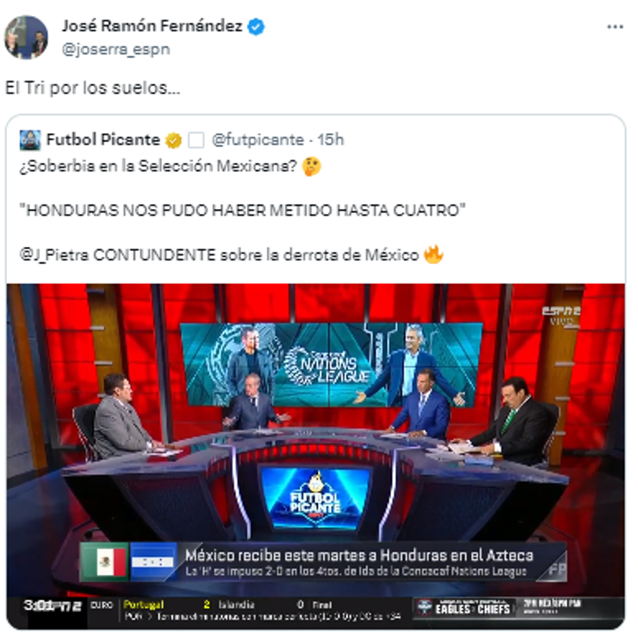 “El Tri por los suelos” compartió Jose Ramon Fernández tras el análisis de Fútbol Picante en ESPN. 