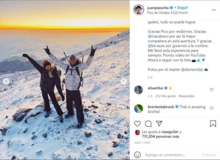 'Gracias Pico por recibirnos. Gracias Macarena Achaga por ser la mejor compañera en esta aventura”, dijo Juanpa en su cuenta de Instagram junto a varias fotos en la montaña.