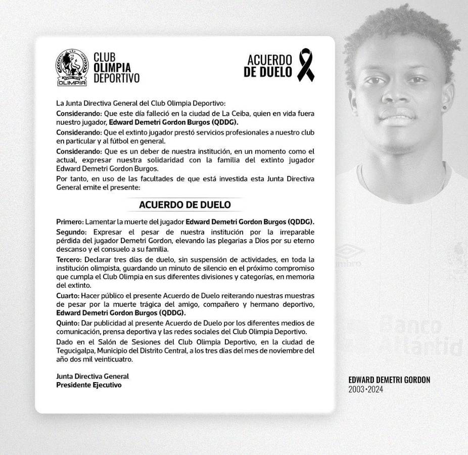 Comunicado del Olimpia tras muerte de Demetri Gordon.