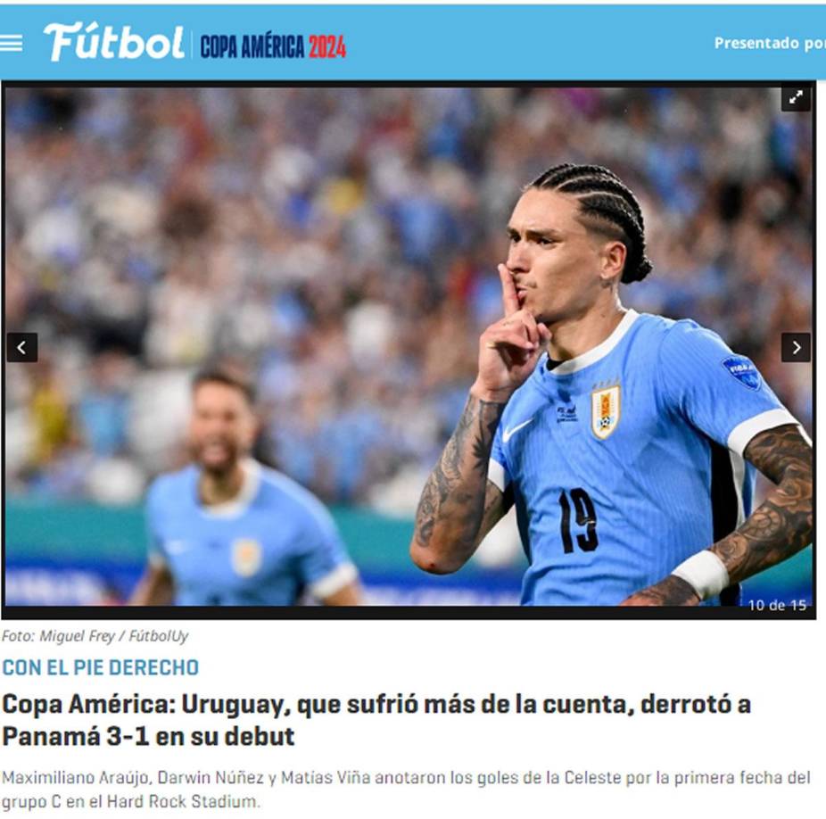 Montevideo Portal - “Uruguay, que sufrió más de la cuenta, derrotó a Panamá 3-1 en su debut” en la Copa América 2024.