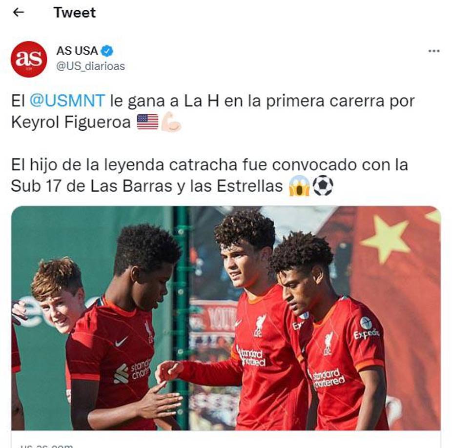 “Estados Unidos le gana a la H en la primera carrera por Keyrol Figueroa. El hijo de la leyenda catracha fue convocado con la Sub-17 de las Barras y las Estrellas”, señaló el diario AS.