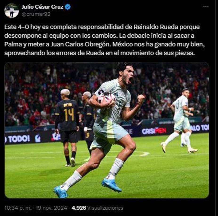 “Este 4-0 hoy es completa responsabilidad de Reinaldo Rueda porque descompone al equipo con los cambios”, señala el periodista.