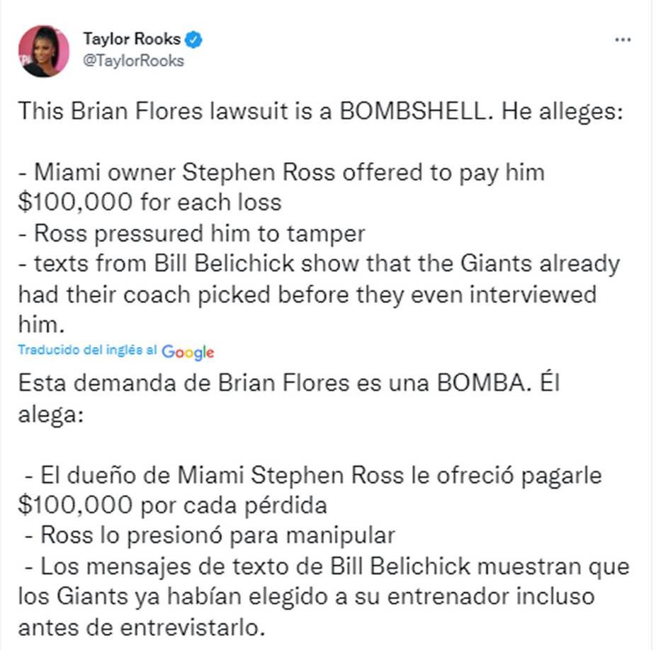 Taylor Rooks, periodista de Turner Sports, dice que “esta demanda de Brian Flores es una bomba” y explica los detalles de la denuncia del hondureño.