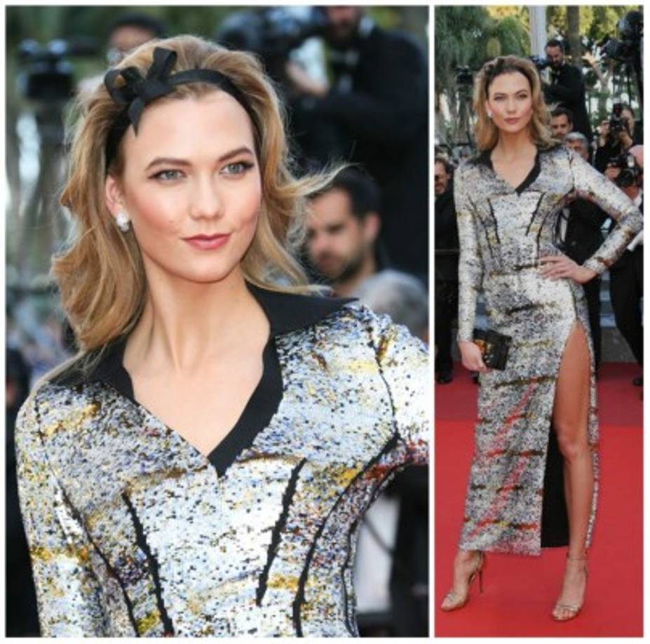 Karlie Kloss, con vestido plateado, de Louis Vuitton.