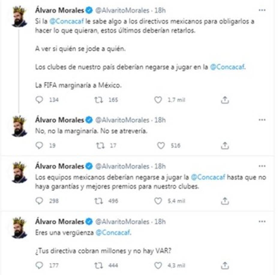 Álvaro Morales de ESPN - “Los equipos mexicanos deberían negarse a jugar la Concacaf hasta que no haya garantías y mejores premios para nuestro clubes”.