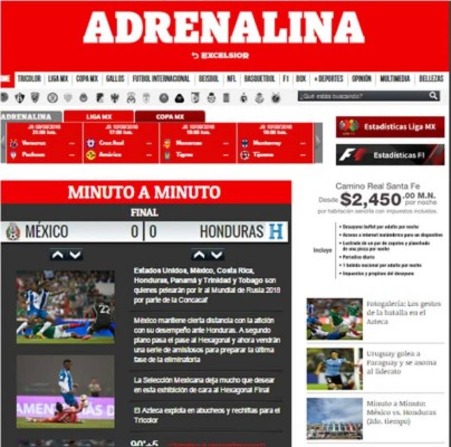 La sección de deportes del diario Excélsior destacó minuto a minuto el partido.