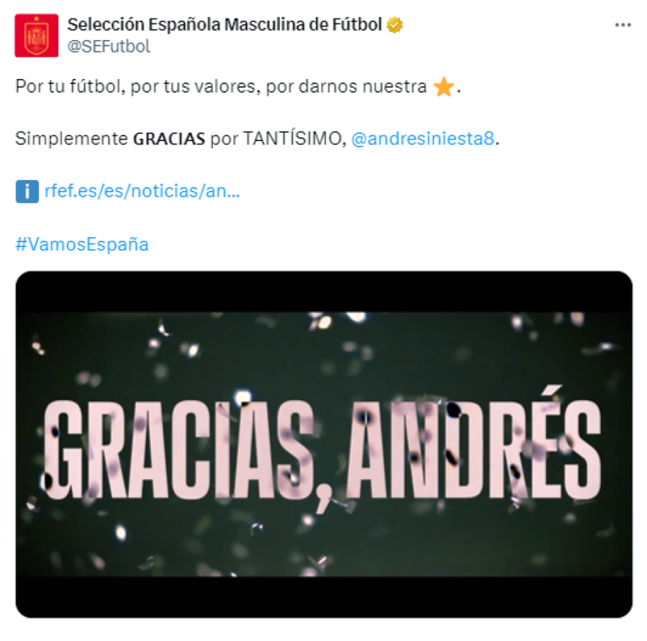 Desde la cuenta oficial de la selección española tampoco dejaron pasar la oportunidad y publicaron un video con los mejores goles de Iniesta: el más importante de su carrera en la final del Mundial 2010.