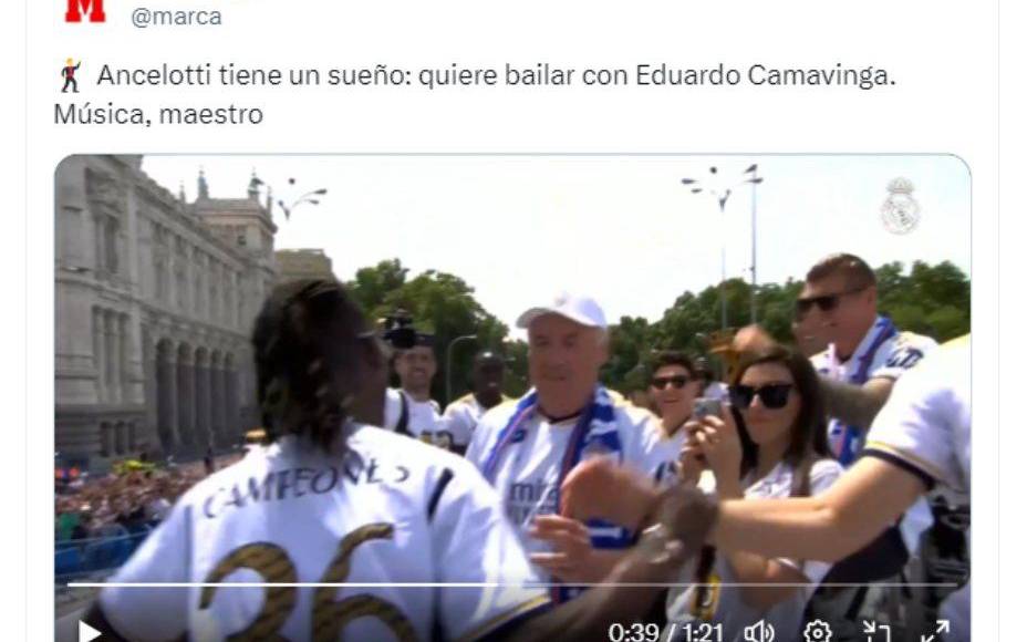 “Yo tengo un sueño: quiero bailar con Eduardo Camavinga. Música, maestro”, dijo Ancelotti en Cibeles ante toda la afición.