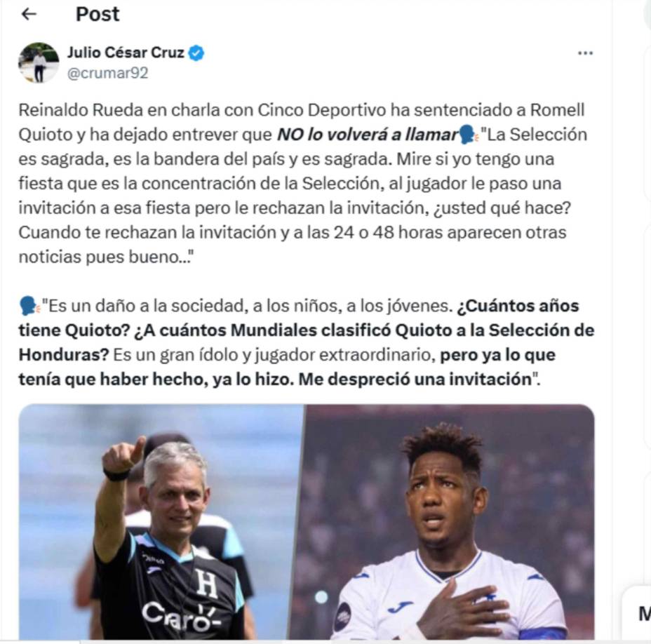 Julio Cruz compartió las palabras contundentes de Reinaldo Rueda sobre Romell Quioto. 