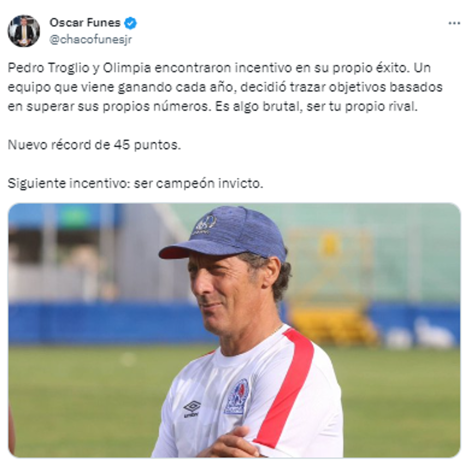 Óscar Funes sobre el récord de Olimpia: “Decidió trazar objetivos basados en superar sus propios números. Es algo brutal, ser tu propio rival”.