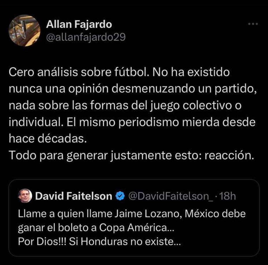 Como era de esperarse, David Faitelson recibió cientos de comentarios por lo que dijo de Honduras. El periodista hondureño Allan Fajardo le dejó este mensaje.