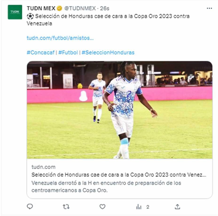 TUDN México - “Selección de Honduras cae de cara a la Copa Oro 2023 contra Venezuela”.