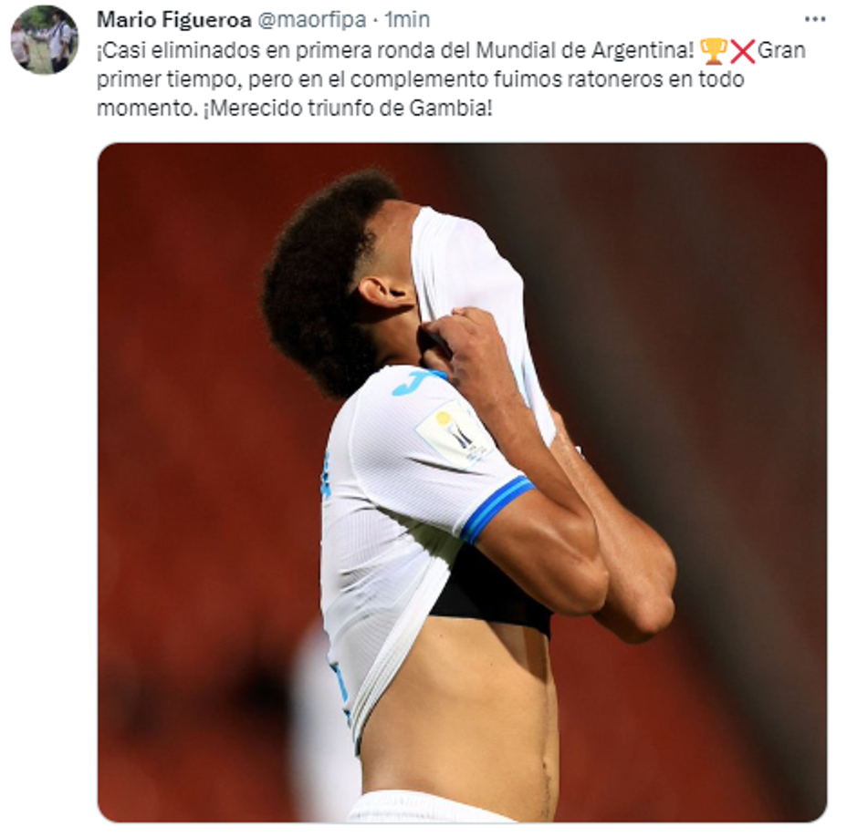 Mario Figueroa, periodista de Diario DIEZ: “¡Casi eliminados en primera ronda del Mundial de Argentina! Gran primer tiempo, pero en el complemento fuimos ratoneros en todo momento. ¡Merecido triunfo de Gambia!”.