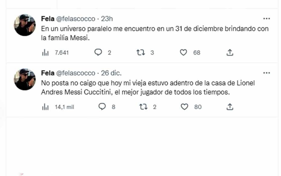 @felascocco no podía creer que no conoció a Messi por no acompañar a su madre a Funes. “Mi vieja estuvo adentro de la casa de Lionel Andrés Messi Cuccitini, el mejor jugador de todos los tiempos”.