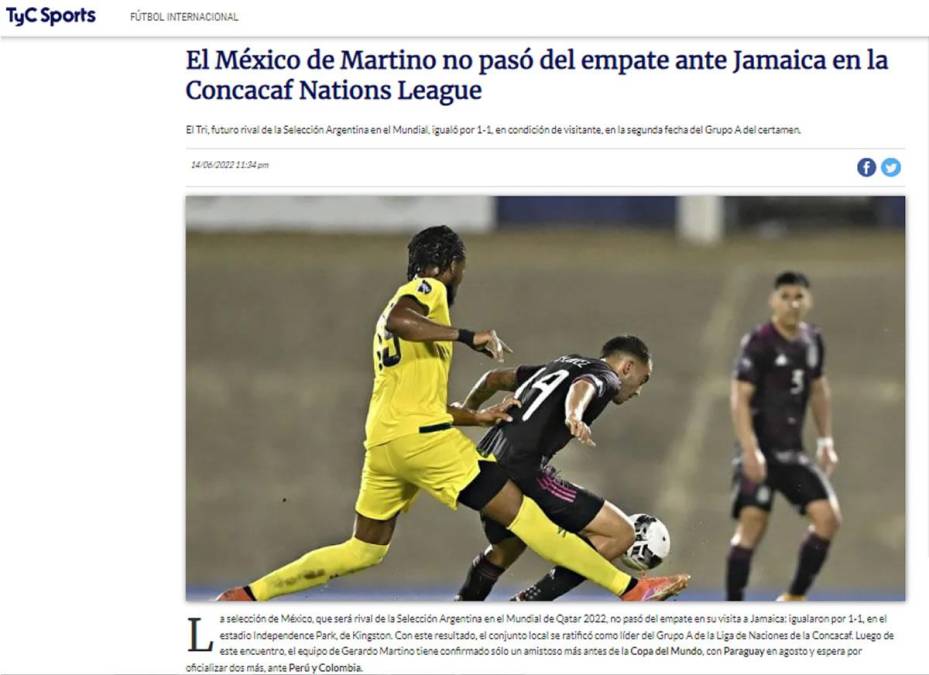 TyC Sports - “El México de Martino no pasó del empate ante Jamaica en la Concacaf Nations League”.
