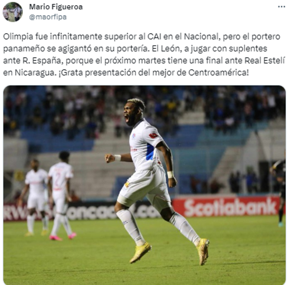 Mario Figueroa, periodista de Diario DIEZ: “Olimpia fue infinitamente superior al CAI en el Nacional, pero el portero panameño se agigantó en su portería. El León, a jugar con suplentes ante R. España, porque el próximo martes tiene una final ante Real Estelí en Nicaragua. ¡Grata presentación del mejor de Centroamérica!”.