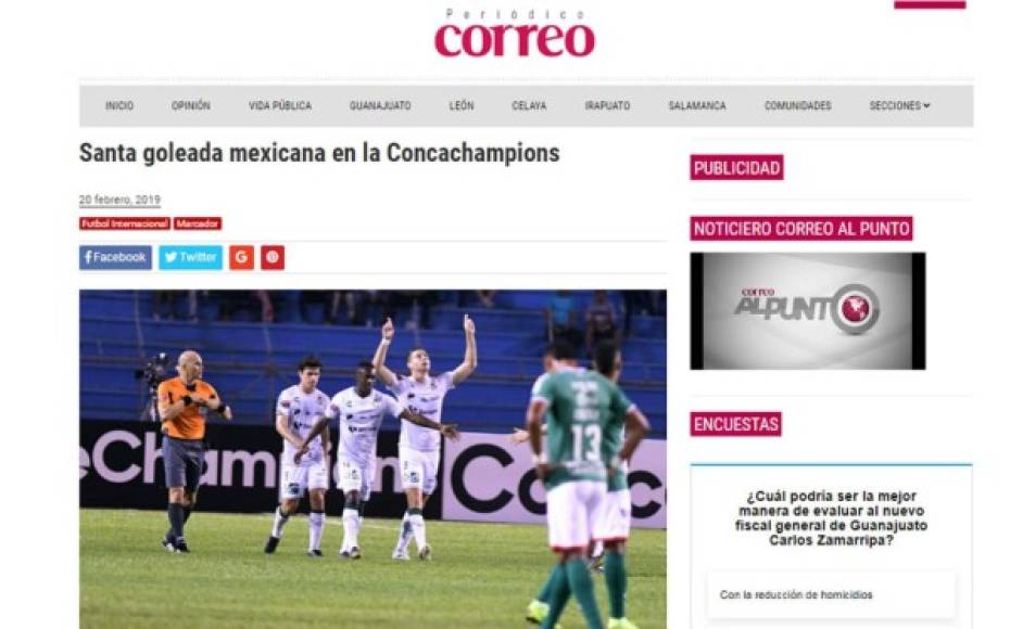 Periódico Correo - 'Santa goleada mexicana en la Concachampions'. 'Los laguneros le metieron seis tantos al Marathon hondureño, Javier Correa metió tres tantos'.<br/>