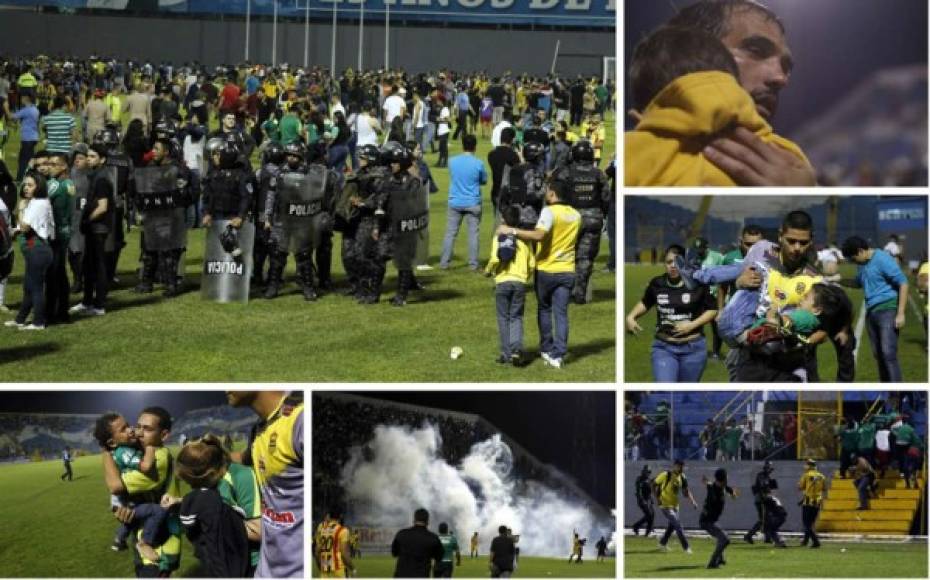 La cancha del estadio Morazán fue escenario de actos vandálicos por parte de las barras de Marathón y Real España. Momentos dramáticos se vivieron.
