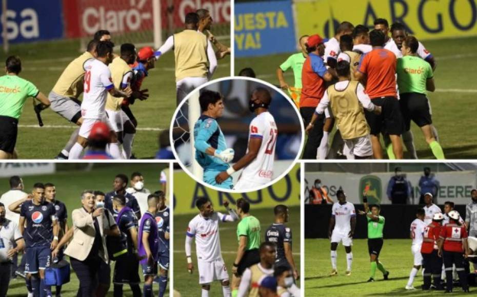 Las imágenes que dejó el picante primer partido de la final entre Motagua y Olimpia por el Torneo Clausura 2021, que acabó con un zafarrancho protagonizado por Pedro Troglio. Fotos Marvin Salgado