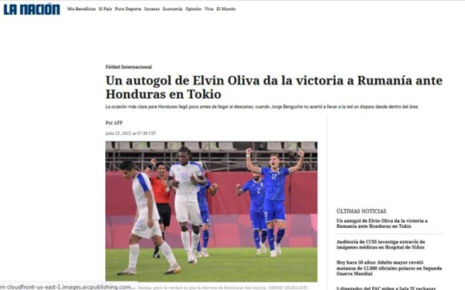 La Nación de Costa Rica - “Un autogol de Elvin Oliva da la victoria a Rumania ante Honduras en Tokio”.