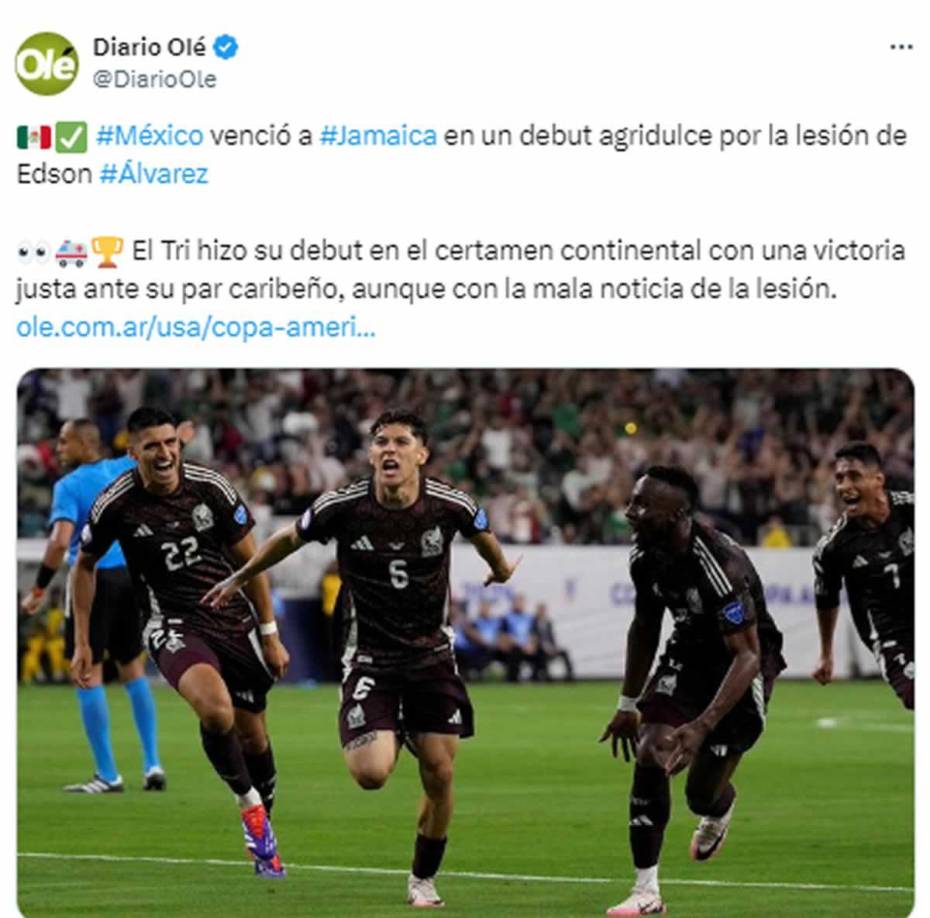 Diario Olé de Argentina - “México venció a Jamaica en un debut agridulce por la lesión de Edson Álvarez”.