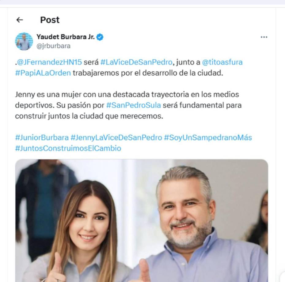 Yaudet Burbara le dio la bienvenida a la periodista hondureña mediante su cuenta oficial de X: “Jenny es una mujer con una destacada trayectoria en los medios deportivos. Su pasión por San Pedro Sula será fundamental para construir juntos la ciudad que merecemos”, señaló el precandidato a la alcaldía de San Pedro Sula.