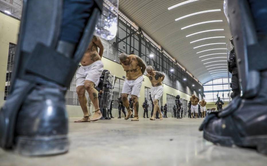  En un vídeo que el mandatario compartió en Twitter, se observa a muchos pandilleros con sus torsos desnudos, vistiendo apenas un pantaloncillo blanco y descalzos, custodiados por policías y alineados en un gran patio de otra prisión del occidente del país.