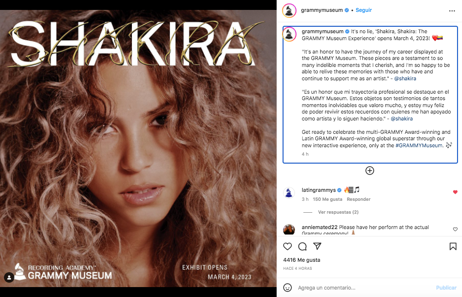 Los premios Grammy reconocen la trayectoria de Shakira con un museo en su honor.