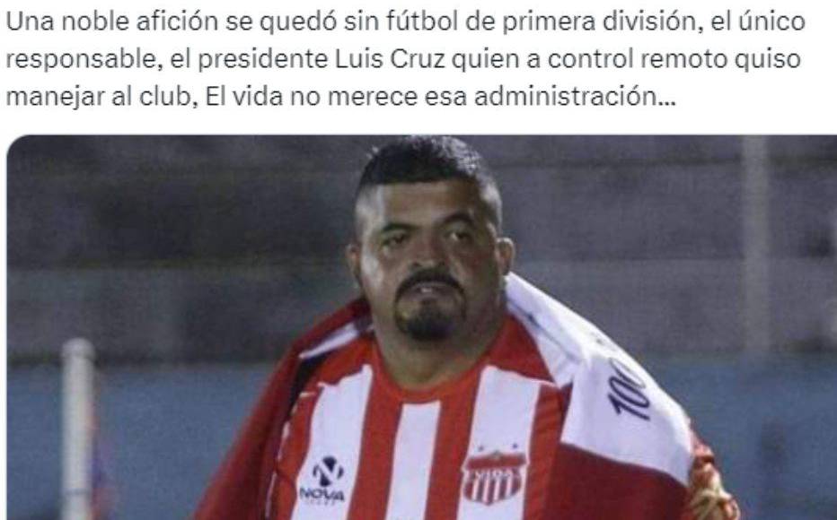 El presidente Luis Cruz del Vida es señalado como el culpable del descenso. 