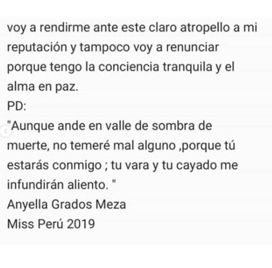 'No voy a rendirme ante este claro atropello a mi reputación y tampoco voy a renunciar porque tengo la conciencia tranquila y el alma en paz', enfatizó la reina de belleza.
