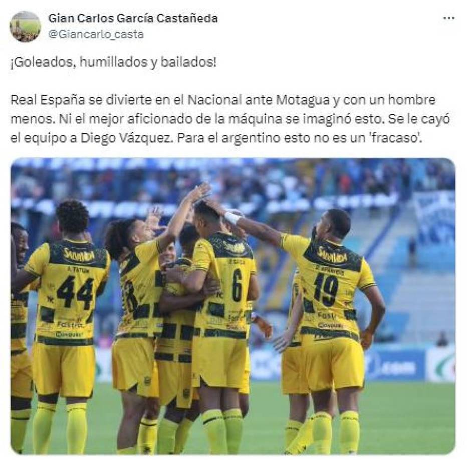 ”¡Goleados, humillados y bailados!”, fueron las palabras del periodista Gian Carlo Castañeda por la contundente victoria de Real España en campo de Motagua.