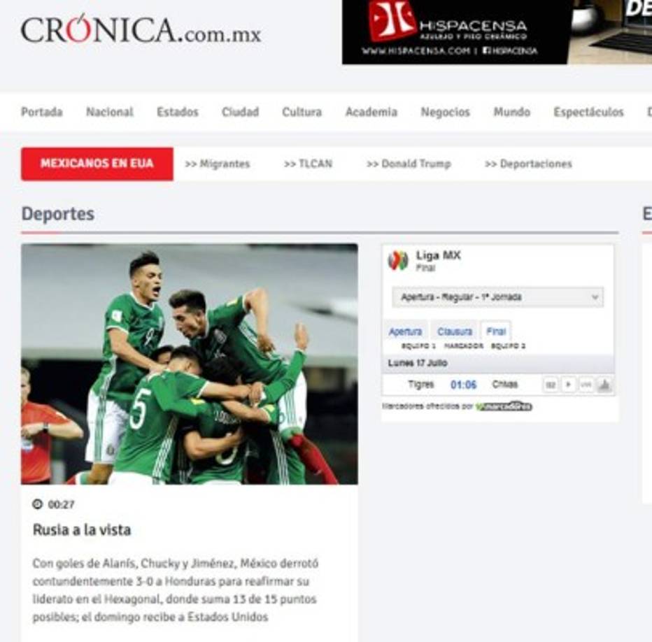 El diario Crónica: 'Rusia a la vista. Con goles de Alanís, Chucky y Jiménez, México derrotó contundentemente 3-0 a Honduras para reafirmar su liderato en el Hexagonal, donde suma 13 de 15 puntos posibles; el domingo recibe a Estados Unidos'.
