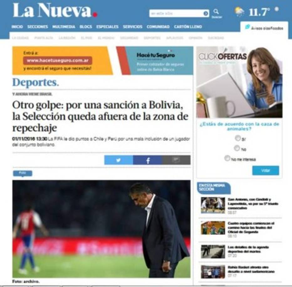 Diario La Nueva: 'Otro golpe: por una sanción a Bolivia, la Selección queda afuera de la zona de repechaje'.