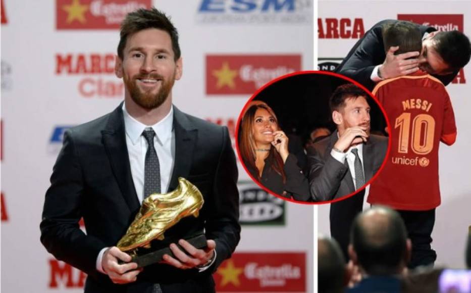 Lionel Messi, delantero del Barcelona, recibió este viernes, por cuarta vez en su carrera, la Bota de Oro como máximo goleador de las Ligas Europeas, y fue bien acompañado. Estas son las mejores fotos del acto.