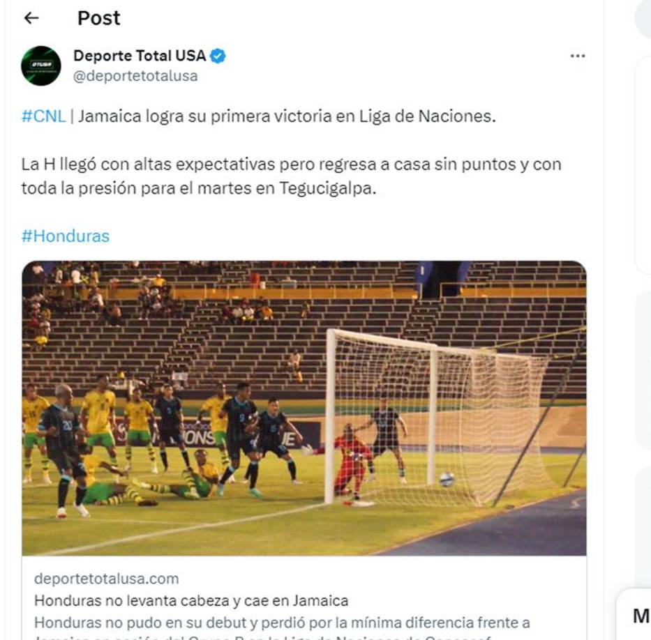 ”La H llegó con altas expectativas pero regresa a casa sin puntos y con toda la presión para el martes en Tegucigalpa”, señaló Deportes Total USA.