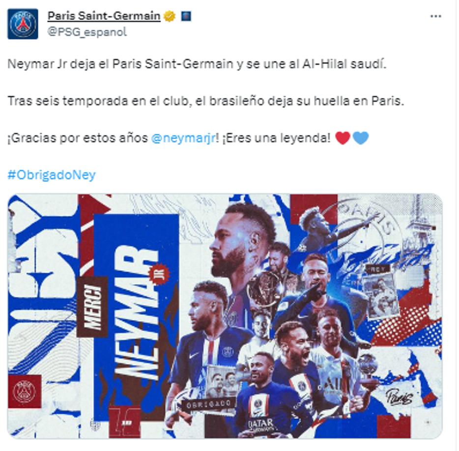 El mensaje del PSG: “¡Gracias por estos años Neymar! ¡Eres una leyenda!”.
