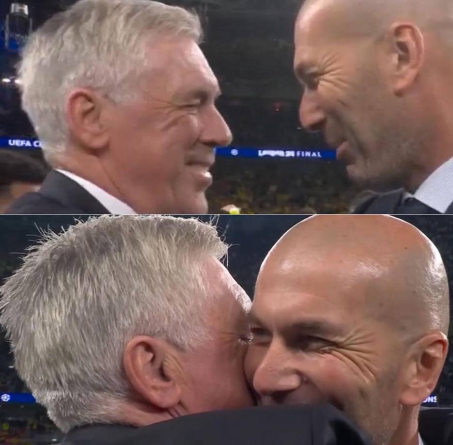 Carlo Ancelotti fue felicitado por Zinedine Zidane tras ganar una nueva Champions. Los dos entrenadores son historia pura del Real Madrid.