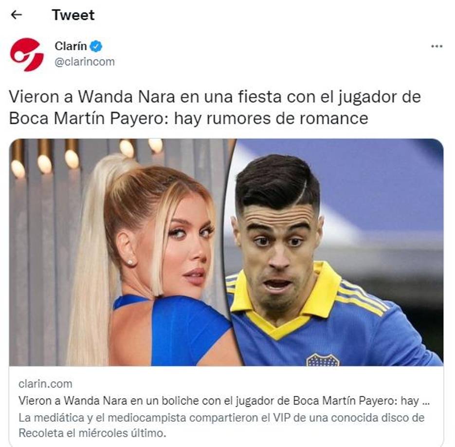 El Clarín de Argentina también dio detalles sobre la expareja de Icardi: “Vieron a Wanda Nara en una fiesta con el jugador de Boca Martín Payero: hay rumores de romance”, señalaron.